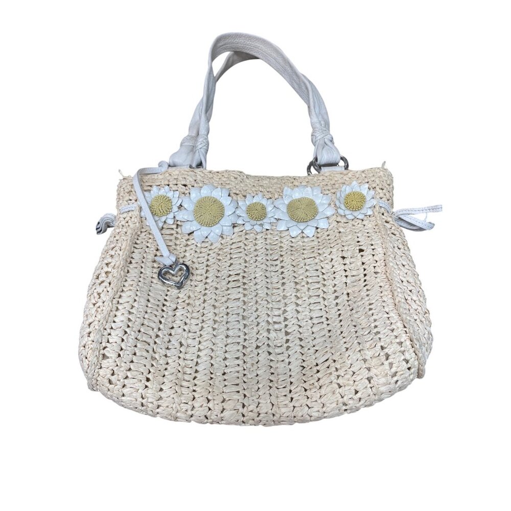 Brighton womans beige straw raffia leather handle shoulder bag 10"x9" SKU 9716
